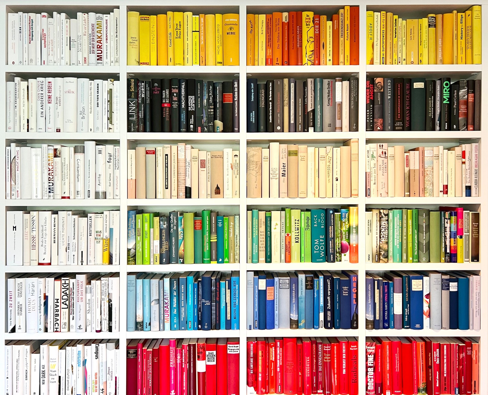 Bookshelves fully packed, white wood, different colors book spines series